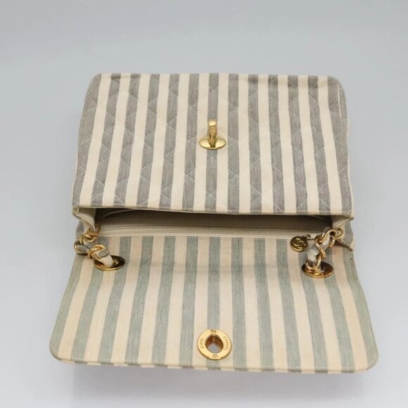 CHANEL Striped Matelasse Chain Shoulder Bag Canvas White Gray CC Auth - Picture 9 of 16